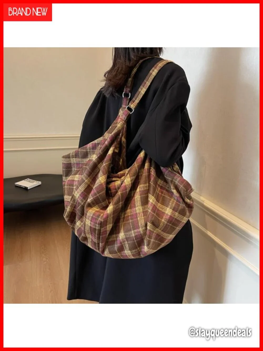 Plaid Canvas Slouchy Hobo Shoulder Bag for Women, Large Canvas Tote, Lightweight